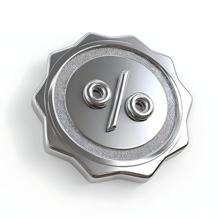 A 3D render of a metallic silver emblem featuring a percentage symbol. The emblem has a serrated edge and a textured inner ring. The symbol is polished and reflects light, casting a subtle shadow on the white background.の写真素材