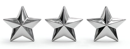 Background showing three silver stars on white background. High resolution image. Clear details and vibrant colors enhance visual appeal.の写真素材