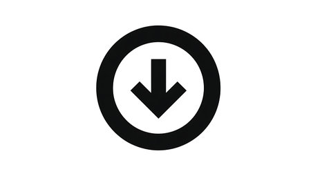 A stark black downward-pointing arrow is centered within a black circular outline. The entire symbol...