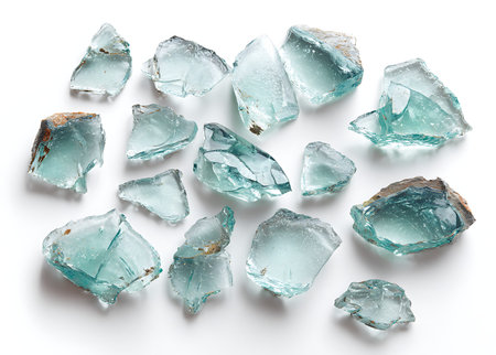 A collection of irregularly shaped, sharp fragments of aqua blue glass scattered across a white...