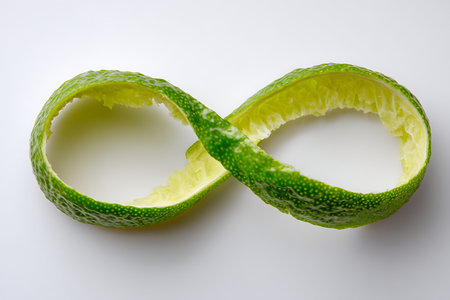 A vibrant green lime peel is artfully twisted into the shape of an infinity symbol. The peel's...