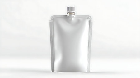 A white, flexible doy pack pouch with a built-in spout and cap is centered in the frame, presented...