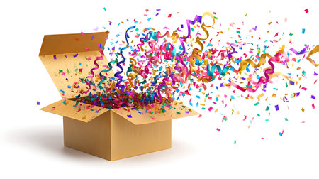 A brown cardboard box is open with its flaps extended. A vibrant explosion of colorful confetti and...
