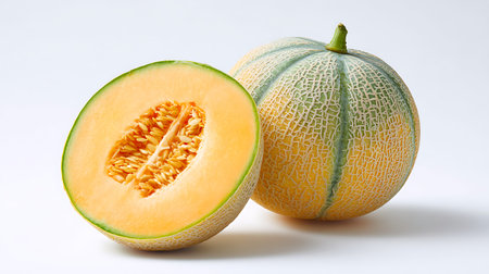A whole cantaloupe melon sits next to a half of the same melon, revealing its vibrant orange flesh...