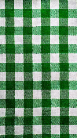 A close-up, full-frame view of a green and white gingham fabric. The pattern consists of...