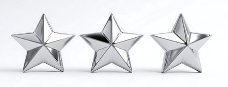 Three polished silver stars are arranged in a horizontal row against a clean white background. The...