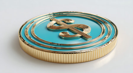 (69) showing gold dollar coin with turquoise center. High resolution image. Clear details and vibrant colors enhance visual appeal.の写真素材