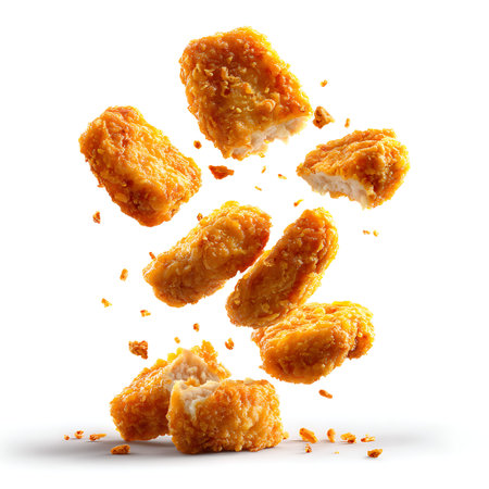 Several golden-brown, breaded chicken nuggets are depicted suspended in the air against a clean white backdrop. The nuggets vary in shape and size, with some showing a bite taken out, exposing the cooked chicken within. Small fragments of the crispy coating are dispersed around the nuggets, creating a dynamic visual effect. The lighting emphasizes the texture and golden hue of the fried coating.の写真素材