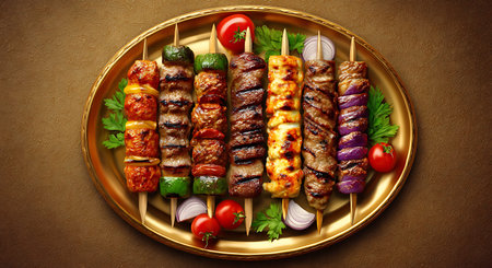 An overhead view of an ornate golden platter holding eight distinct skewers. The skewers feature a...