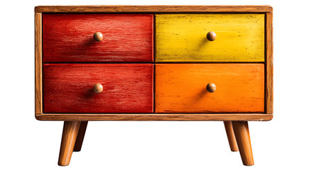 A small, colorful chest of drawers stands on four angled wooden legs against a white background. The...