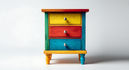 A front view of a brightly colored wooden nightstand is presented on a white background. The...