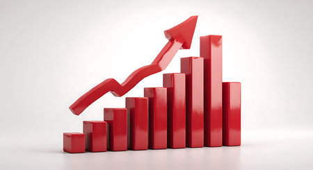 A 3D rendered bar chart with all red bars, each taller than the last, signifying a strong upward...