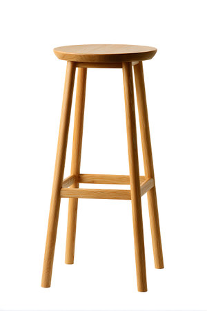 Round wooden bar stool with round seat and four legs. High resolution image. Clear details and...