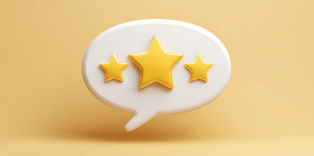 A 3D render of a white speech bubble containing three golden yellow stars. The stars are of varying...