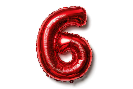 A single, inflated, red metallic foil balloon shaped like the number 6 is presented against a clean...