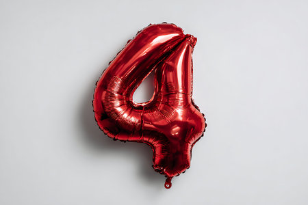 A lustrous red foil balloon, formed into the shape of the numeral 4, is positioned against a subtly...