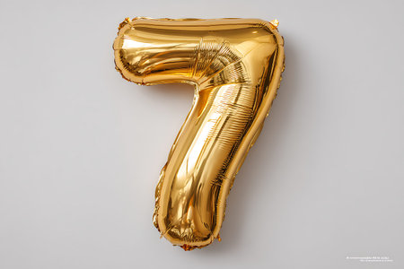 A lustrous gold foil balloon in the shape of the number seven is displayed on a white surface. The...
