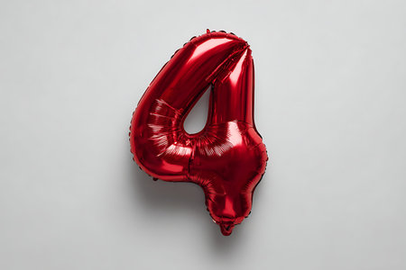 A vivid red, metallic foil balloon shaped like the number 4 is displayed on a light gray surface. The balloon has a high-gloss finish, with prominent reflections that highlight its inflated form. A soft shadow is cast on the background, indicating the object's presence on the surface.の写真素材