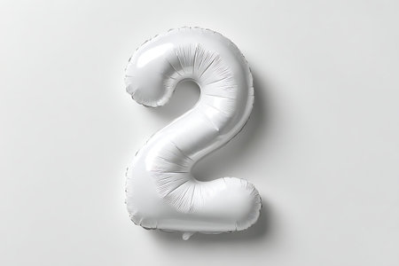 A single, inflated white foil balloon shaped like the numeral 2 is presented against a plain white background. The balloon has a glossy, reflective surface with visible creases and folds from its inflation, casting a subtle shadow.の写真素材