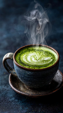 Photo showing steaming matcha latte with swirl art. High resolution image suitable for commercial...