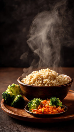 A rustic wooden bowl filled with fluffy, steaming rice is presented on a wooden platter. Alongside the rice are fresh broccoli florets and a medley of sliced carrots and broccoli. Wisps of steam rise from the hot food, indicating it is freshly prepared and ready to be served.の写真素材