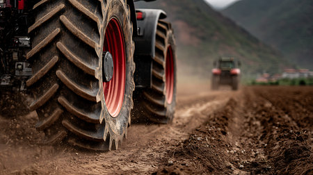 This image shows the large, rugged tires of a tractor in the foreground, moving along a freshly...