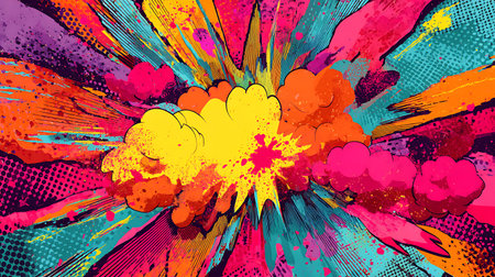A dynamic abstract image featuring a central explosion of yellow and orange cloud-like shapes,...