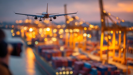 An airplane is captured in flight, approaching a landing, over a vibrant and brightly lit container ship terminal. The scene is at night, with the port illuminated by countless lights, creating a stunning bokeh effect in the background. Large container ships are docked, laden with colorful containers, and massive gantry cranes stand tall. The airplane is the main focus, with the bustling, glowing port serving as a dramatic backdrop. The image conveys a sense of global trade and movement.の写真素材
