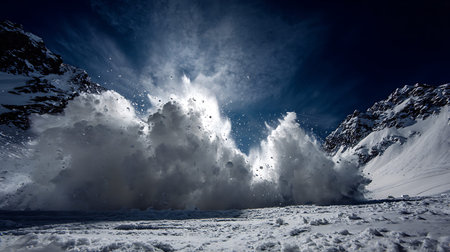 A dramatic and powerful avalanche is captured mid-descent, exploding down a steep, snow-covered...