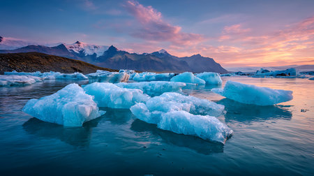 A serene glacial lagoon filled with numerous icebergs of various sizes and shapes. The icebergs are...