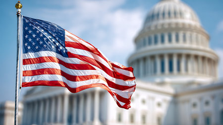 A vibrant American flag, with its stars and stripes, is prominently displayed in the foreground,...