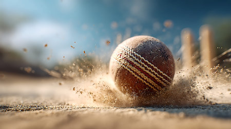 This image shows a close-up view of a cricket ball in motion, creating a dramatic burst of dust and...