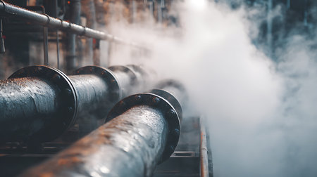 This image shows dark, metallic industrial pipes with visible water droplets on their surface,...