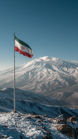 The Iranian flag is prominently displayed on a flagpole at a snowy mountain summit. In the...