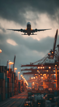 A commercial airplane is captured in mid-flight, its landing gear extended, as it flies over a...