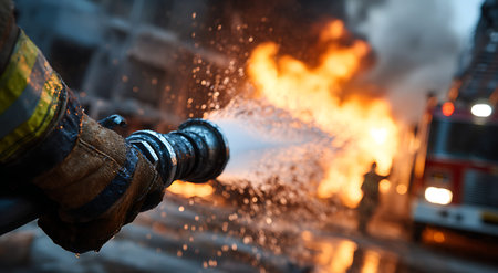 A firefighter's hands are prominently featured, holding a hose and spraying water into a fierce...