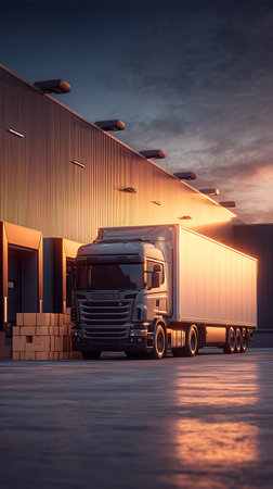 A dark grey semi truck with a long white trailer is parked at a modern warehouse loading dock....