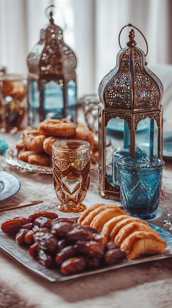 This image presents a close-up of a Ramadan Iftar table laden with food. A large platter of dates is in the foreground, accompanied by golden-hued pastries. Decorative lanterns, one with a blue tint, and glasses of water are also visible. The lighting is soft, highlighting the textures and colors of the food and the intricate details of the lanterns, suggesting a festive and communal meal.の写真素材