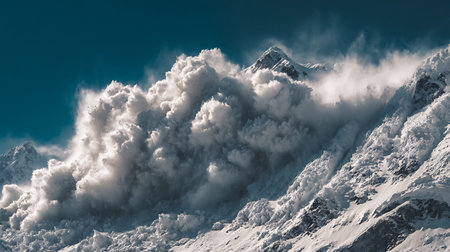 Massive snow avalanche descending a mountain slope. High resolution image with clear details and vibrant colors.の写真素材