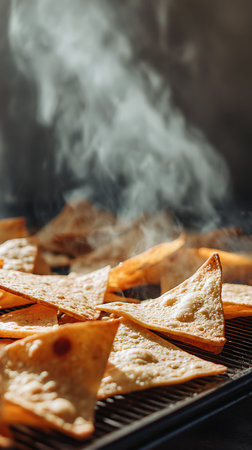 A collection of golden-brown, triangular tortilla chips are scattered across a black wire cooling...