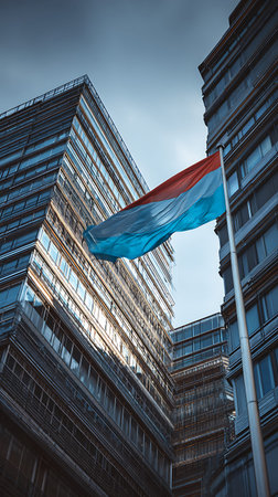 Buildings showing luxembourg flag waving against modern glass buildings. High resolution image suitable for commercial use. Clear details and vibrant colors enhance visual appeal.の写真素材