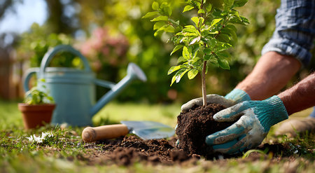 A person wearing teal and gray gardening gloves is shown planting a young tree. Their hands are cupping the soil around the base of the sapling as it's placed into the ground. A vintage-style watering can and gardening tools are nearby on the grass. The background is a soft-focus garden scene with greenery and sunlight.の写真素材