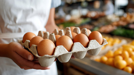 A person in a white apron holds a cardboard egg carton filled with brown eggs. The background is...