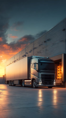 A modern silver semi-trailer truck is parked at the loading dock of a large, corrugated metal industrial building. The truck's headlights are on, and the scene is bathed in the warm, dramatic light of a sunset. The sky is filled with colorful clouds, and reflections of the lights are visible on the concrete surface. The image captures a moment of commercial activity at dusk.の写真素材