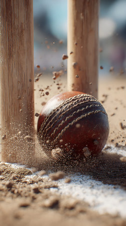 An action-packed close-up of a brown cricket ball making forceful contact with wooden stumps on a...