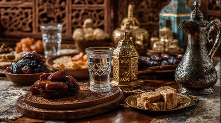 An intimate Ramadan Iftar spread featuring dates and traditional sweets. In the foreground, a wooden...