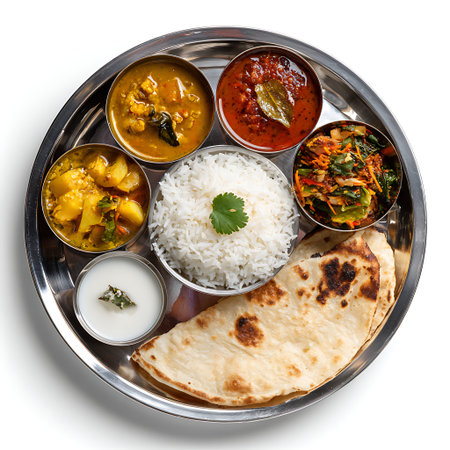 An overhead view of a traditional Indian thali meal served on a round metal plate. The thali...