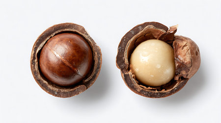 A pair of macadamia nuts are shown on a white surface. The nut on the left is intact, displaying its smooth, brown shell with a distinct seam. The nut on the right is broken open, showcasing the pale, creamy kernel within its textured, woody shell.の写真素材