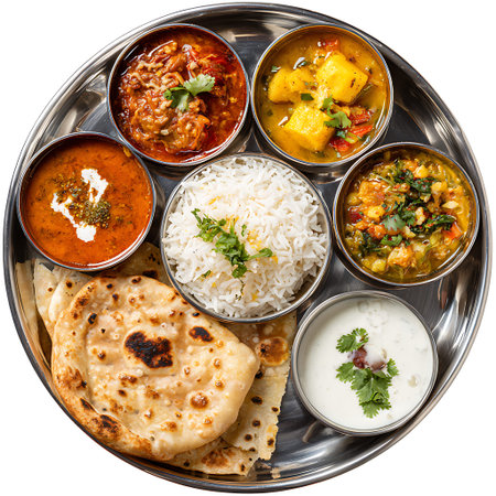An aerial view of a complete Indian thali meal arranged on a round metal plate. The centerpiece is a...