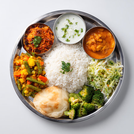 A top-down view of a traditional Indian vegetarian thali served on a round metal platter. The thali...